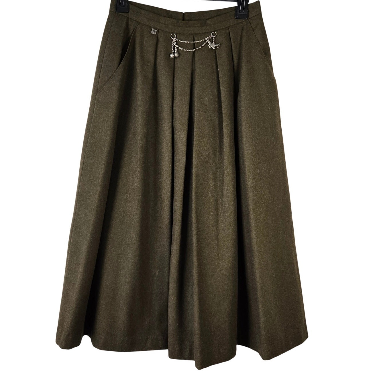 Vintage Austrian Wool Trachten Olive Green Pleated Midi Skirt Dark Academia 36